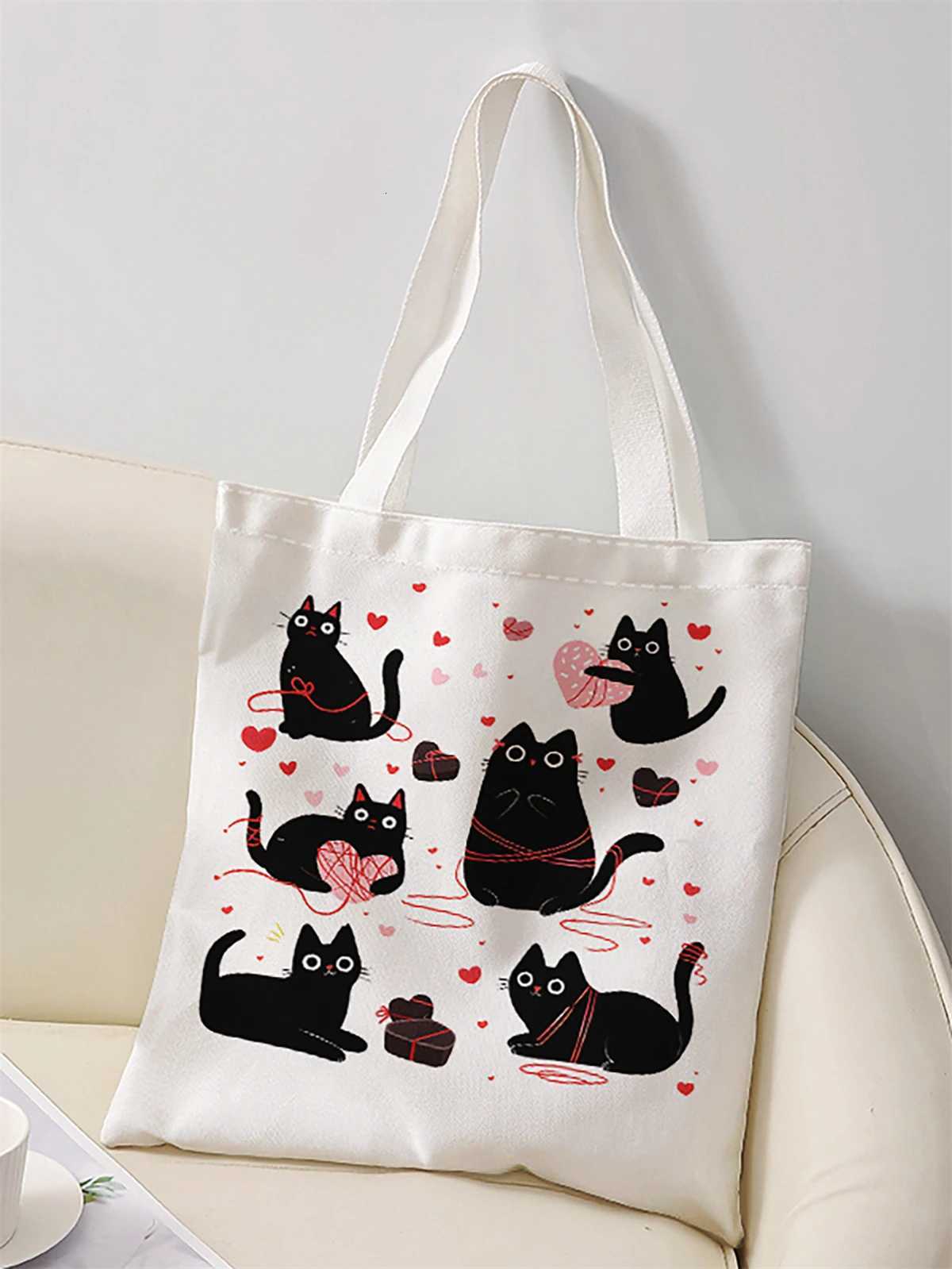 Black cat pattern printed casual handbag reusable fashionable backpack multifunctional handbag canvas shopping bagT251007