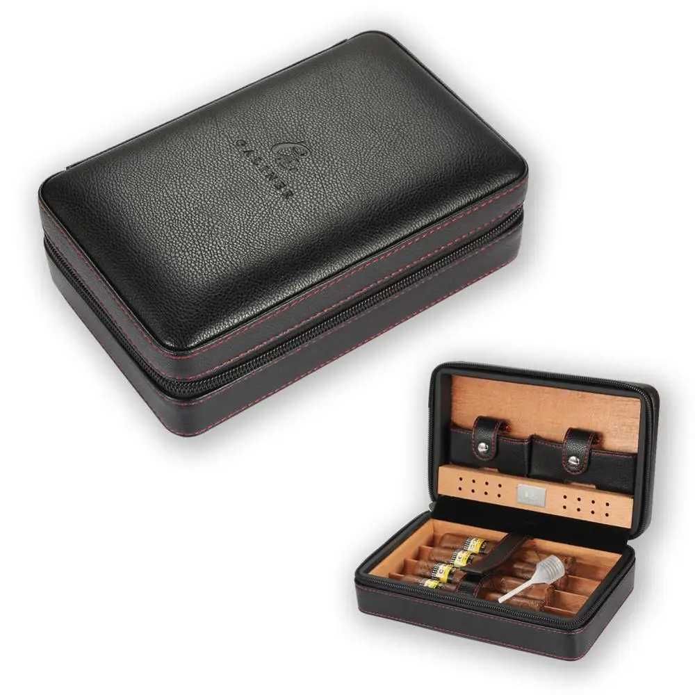 GNER Leather Cigar Humidor Travel Cedar Wood Cigar Case 4 Tube Holder Sigaar Box For Cigars Outdoor Humidor Box Y251008