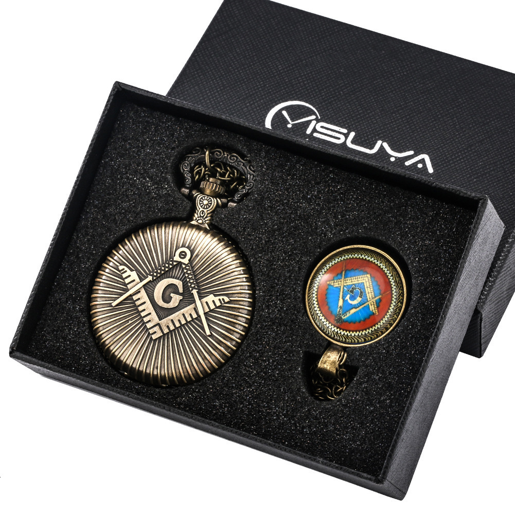 Hidden Meanings of Freemason Symbols G Quartz Pocket Watch with Necklace Sets Pendant Chain Jewelry Clock Gifts for Men Women 250529