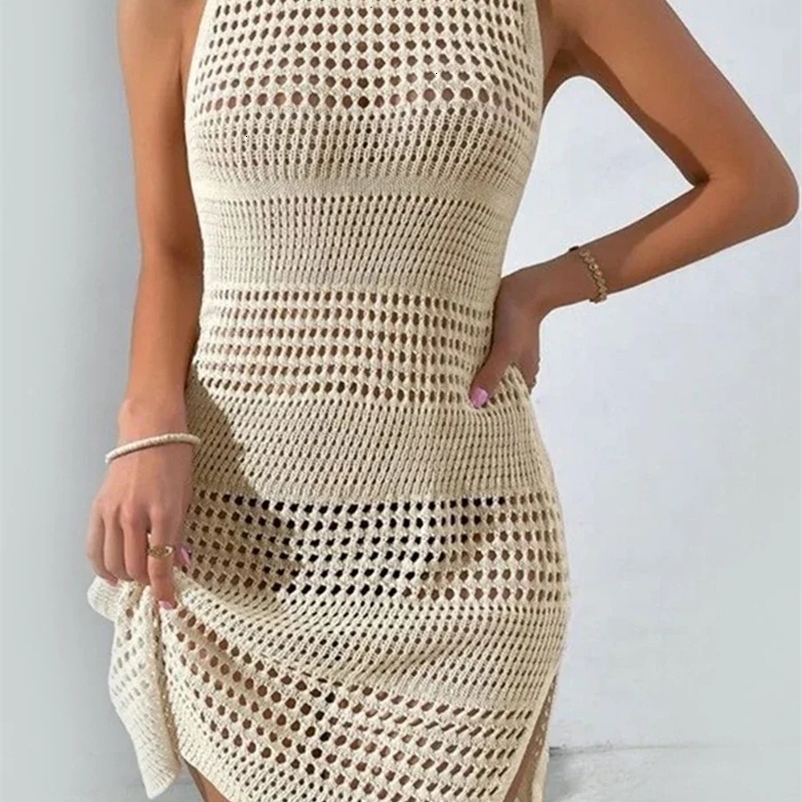 Hirigin Women Knitted Crochet Tunic Beach Cover Up Sexy See-Through Hollow-Out Crew Neck Sleeveless Bikini Dress Swimwear 240429