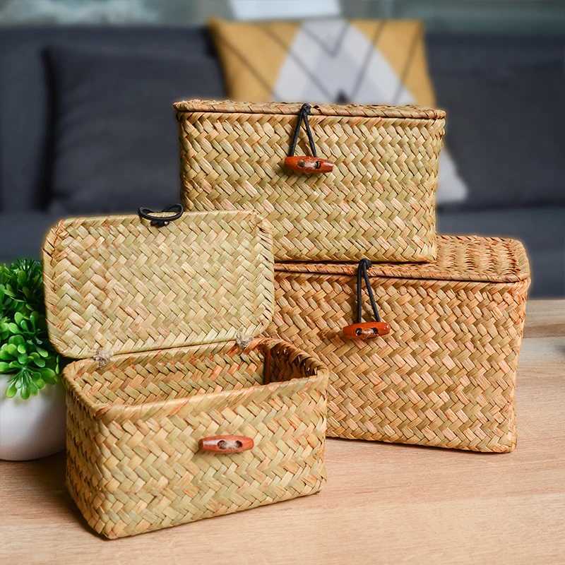 Storage Shelf Basket with Lid Rectangular Handmade Seagrass Rattan Woven Makeup Organizer Multipurpose Container Natural Box for C251008