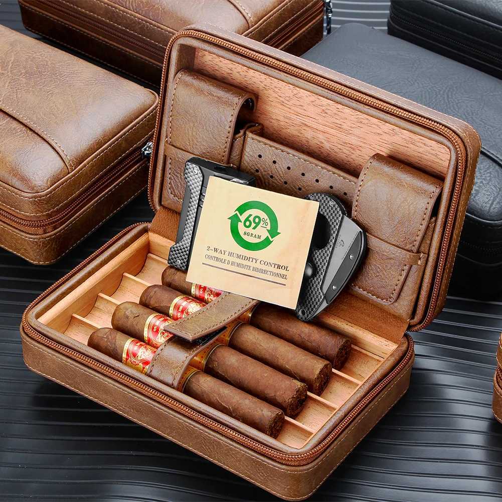 GNER Cigar Humidor Box Travel Leather Cigar Case Cedar Wood Lined Wwo Lighter Cigar Cutter Humidity Control Pack For Humidor Y251008