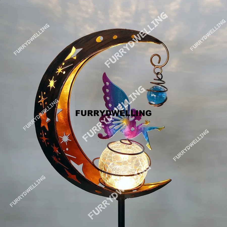 Moon Solar Waterproof Decoration Iron Art Elf / Flower Fairy Dwe74 Lamp LED Glass Ball Garden Light For Outdoor Yard 240801