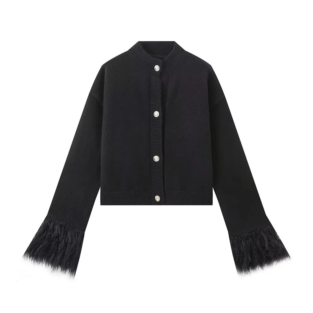 Feather Patchwork Knitted Cardigan Women Chic Oneck Long Sleeve Singlebreasted Short Sweater 2025 Lady High Street Knitwear 250919