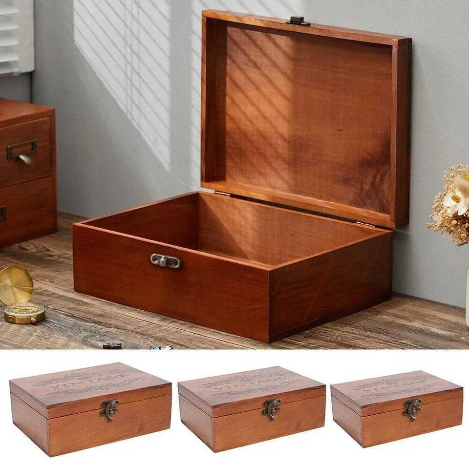 Retro Wooden Lock Treasure Chest Jewellery Sundries Storage Box Case Organizer Ring Vintage Boxes Storage Container C251008