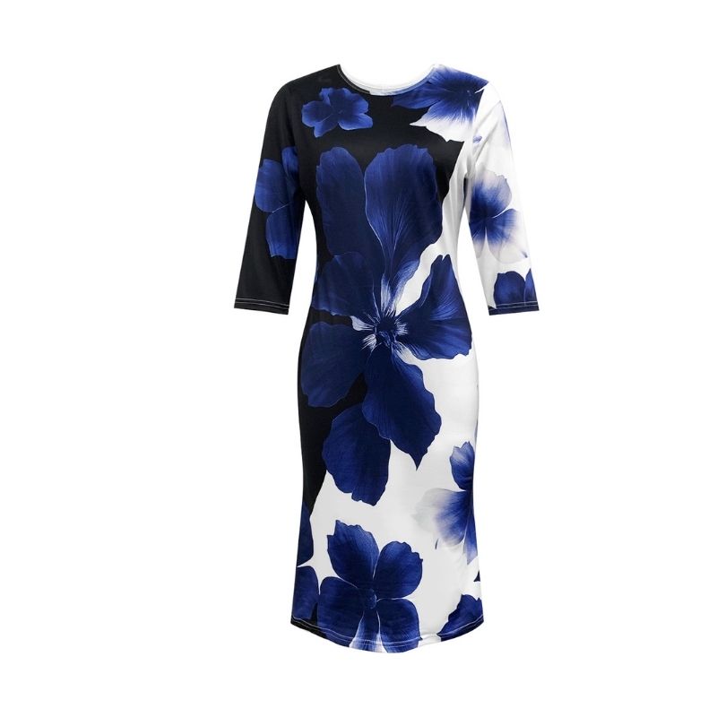 Women's Floral Print Milk Silk Midi Dress Blue White Elegant Office Wear Spring Summer Dress-CF56113