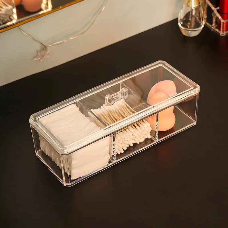 1pc Transparent Cosmetic Storage Box Acrylic Make Up Organizer Three Grid Cotton Swab Cotton Pad Storage Box Home Organization C251008
