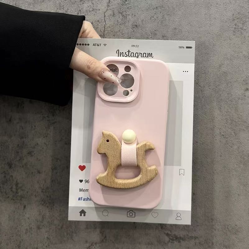 for iPhone 17 Pro Max Case with Wooden Horse Grip Kickstand Leather Touch Comfortable Handcrafted Cover for iPhone Phone Case