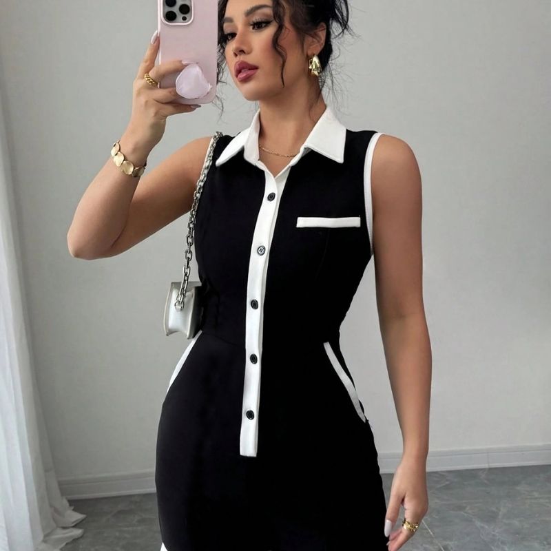 Women's Black White Contrast Collar Jumpsuit Milk Silk Sleeveless Shorts Workwear Style-SZ25121