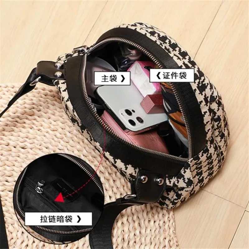 Versatile Houndstooth Canvas Bag for Women Adjustable Strap Secure ZipEmbroidered Detail Perfect for Travel Daily Use Chest BagT251007
