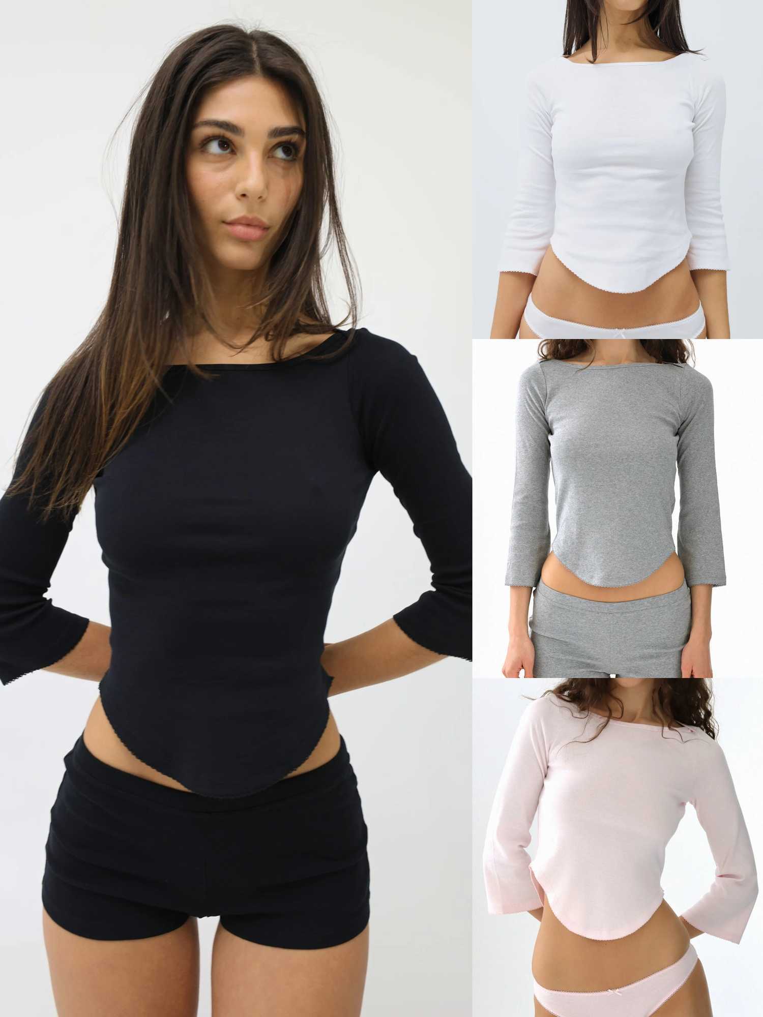 Cou Autumn ThreeQuarter Sleeve Black Round Neck LongSleeve TShirt VShaped Hem Design Gray Top Casual Fashion White Top Lace Design Pink Base Shirt L251008