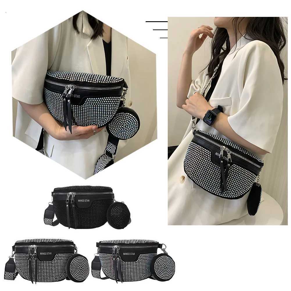 Rhinestone Shoulder Bag Fashion Female Sling Waist Pack Casual Adjustable Strap Simple Portable Black Chest Bag for VacationT251007