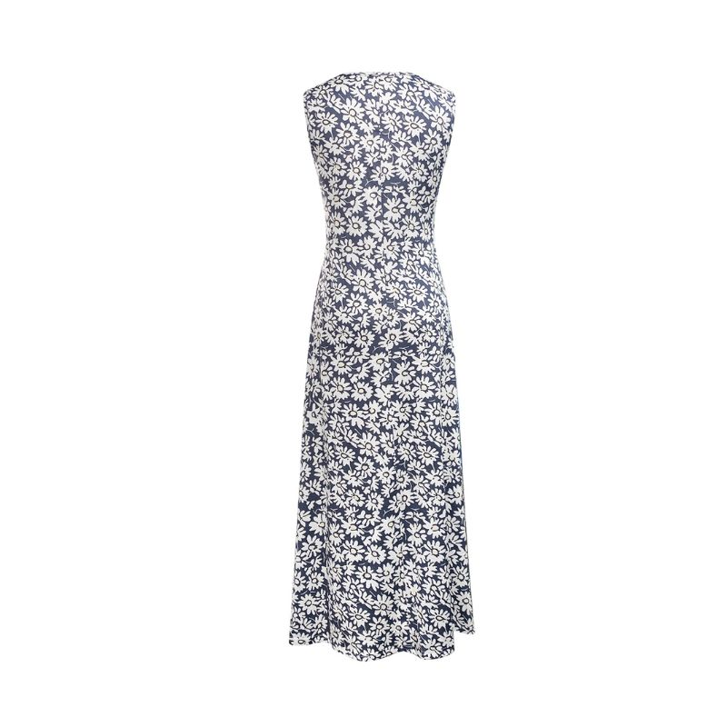 Women's Daisy Print Milk Silk Sleeveless Maxi Dress Navy Blue Round Neck Vest Dress Side Slit Vacation Style-CF56055