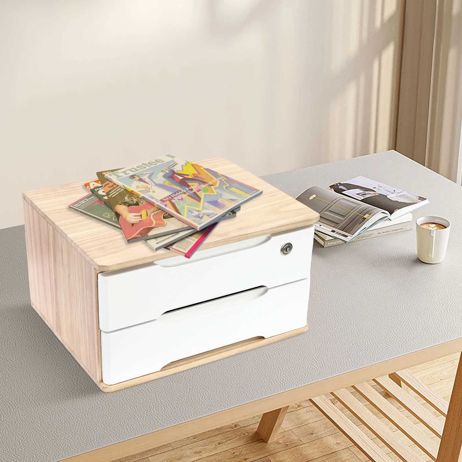 Solid Tung Wood Desktop Organizer with 2 Lockable Drawers 2 Keys Modern Rectangular Storage Box for Office Bedroom Dresser C251008