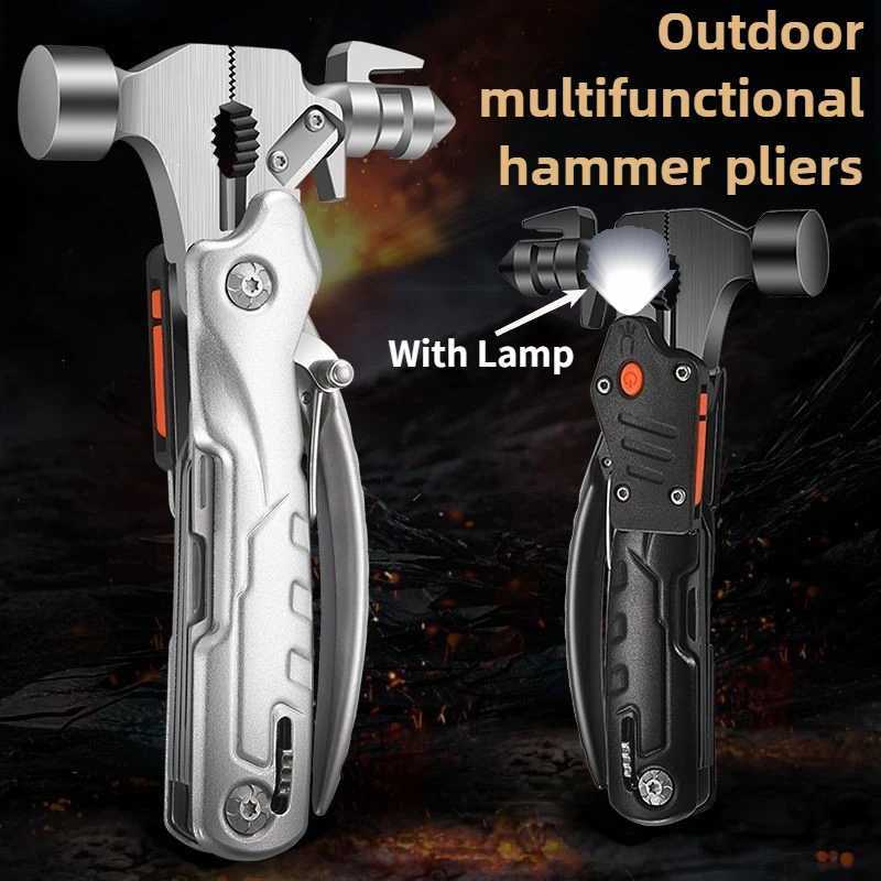 Multifunctional Claw Hammer Pliers With Lamp Outdoor Camping Nail Hammer Multipurpose Folding Tool Pliers Escape Hand Tools J251121