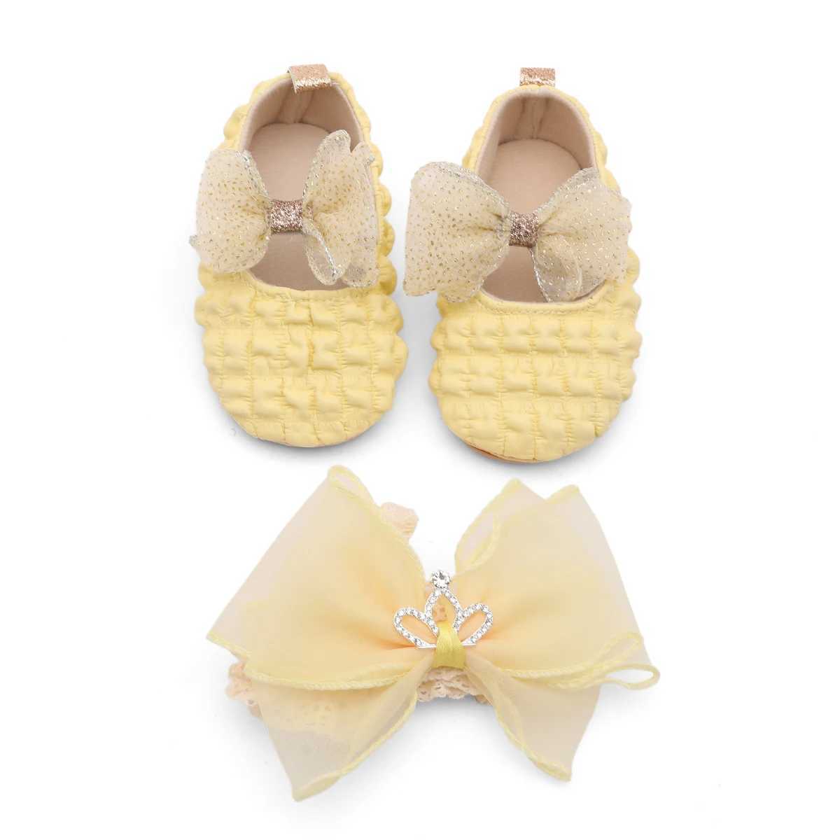 Baby Girl Bow Hair Accessory with Princess Shoes Nonslip Rubber Sole Learning Shoe C251008