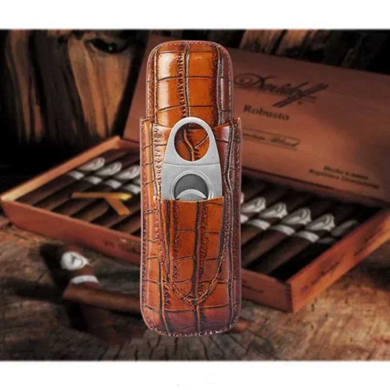 New Portable Leather Cigar Case with Silver Cigar Cutter Mini 2Tube Leather Case for Cigars Suitable As Holiday Gift for Friends Y251008