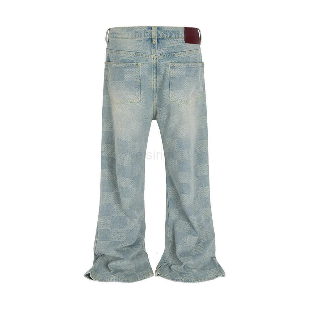 High Street Checkered Micro Flared Jeans for Men Patchwork Straight Loose Boot Cut Oversized Casual Baggy Denim Trousers Z251008