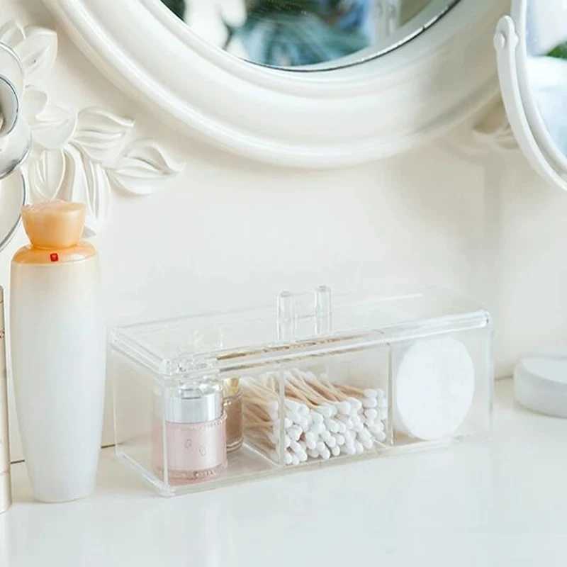 1pc Transparent Cosmetic Storage Box Acrylic Make Up Organizer Three Grid Cotton Swab Cotton Pad Storage Box Home Organization C251008