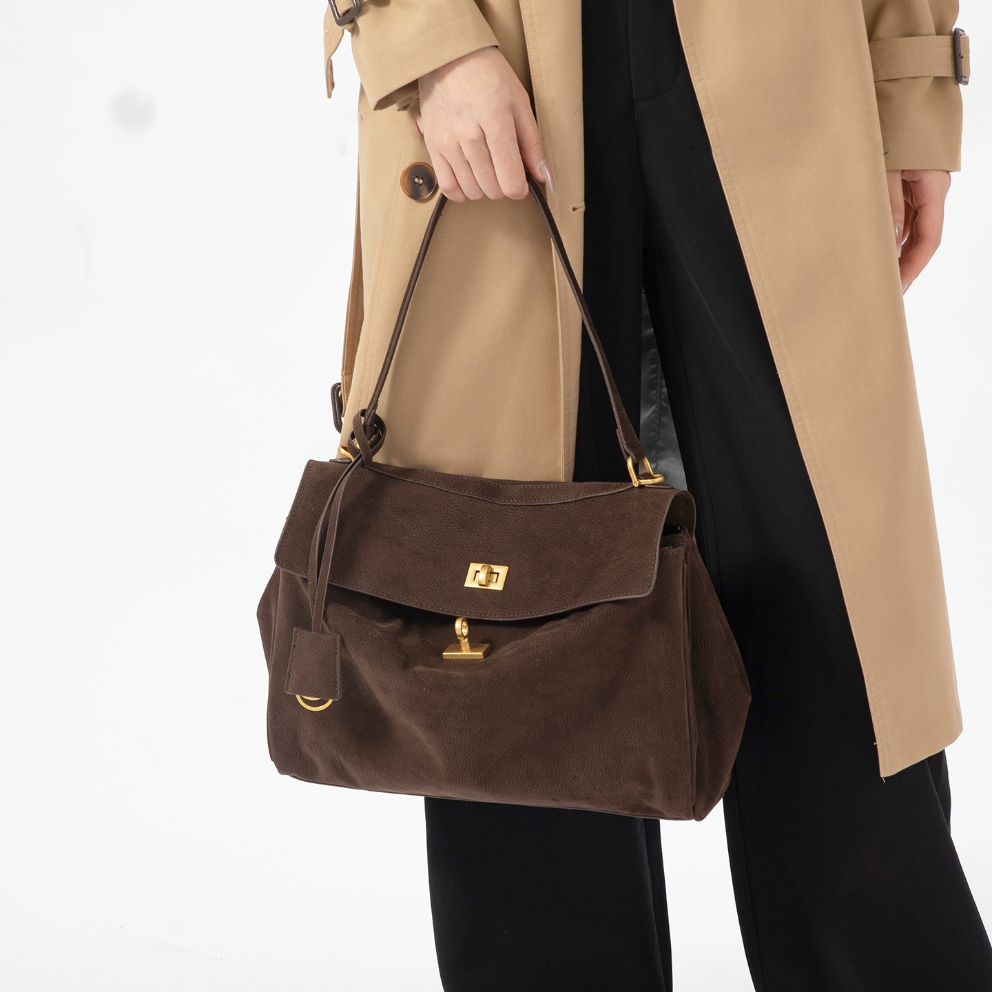 Suede Genuine Leather Kelly Bag Underarm Bag Womens Highend Niche Secondhand Handbag Large Capacity Tote Bag 250903