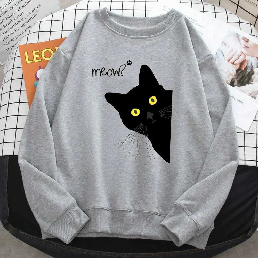 Winter Fall Harajuku Woman Sweatshirt Meow Black Cat Printing Hoodies Comfortable Pullover Crewneck Casual Female ClothesT251105