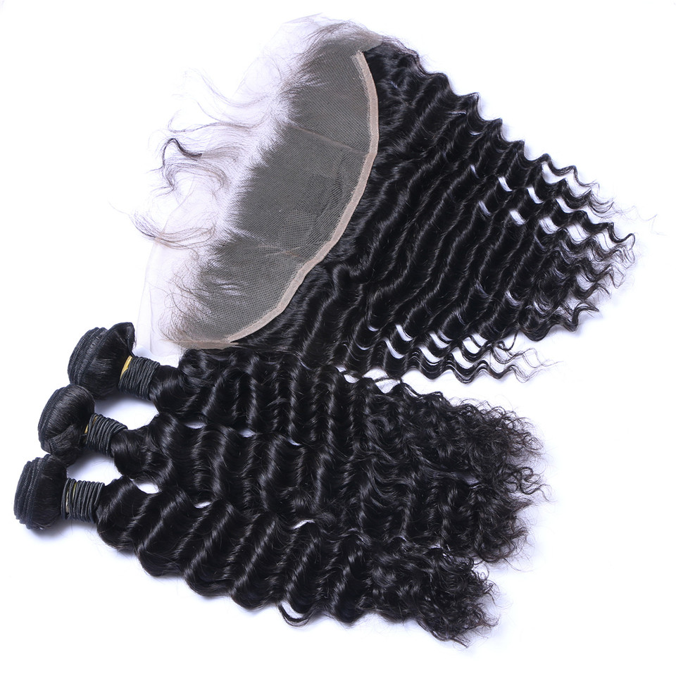 Brazilian Deep Wave Human Hair Weaves 30 32 34 36 38 40 inch 4 Bundles with Closure Double Weft Dyeable Bleachable 100g/pc