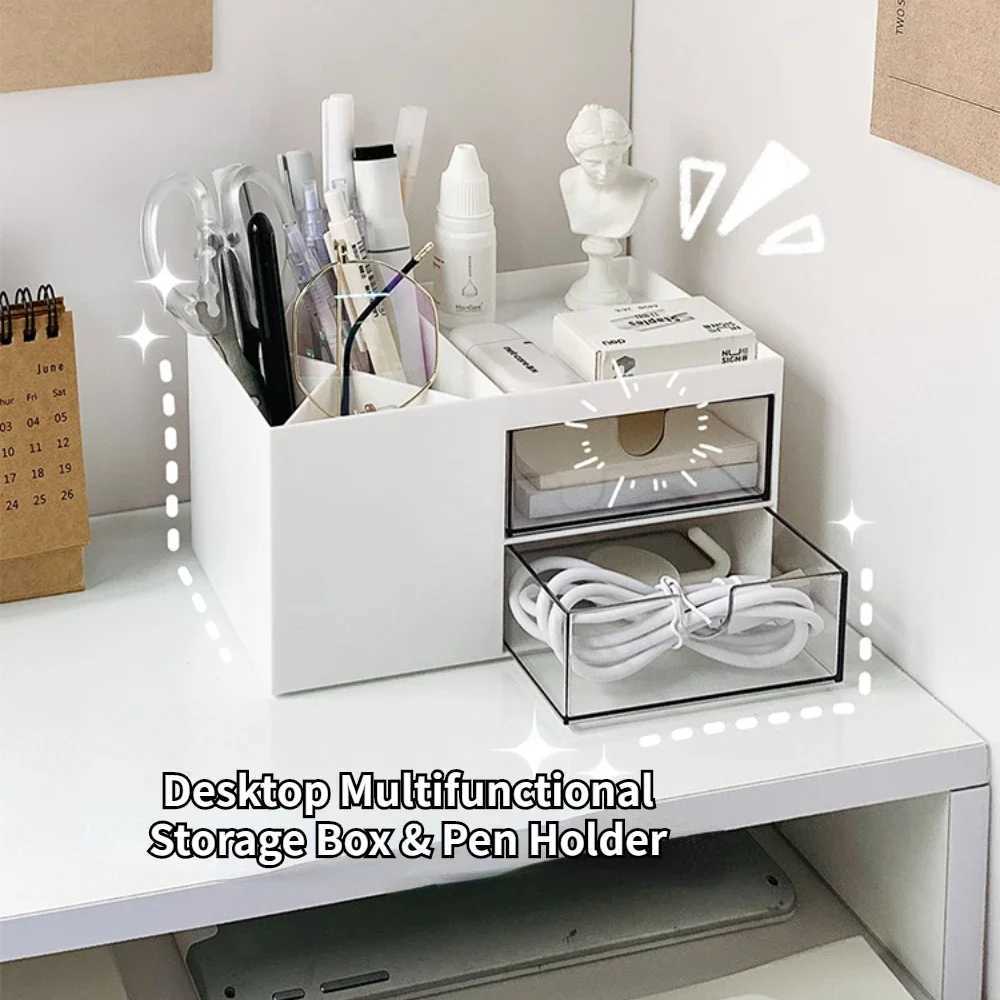 Ins Desktop Pen Holder Storage Box Multifunctional Stationery Organizer Box Transparent Drawer Jewelry Cosmetic Storage Box Girl C251008