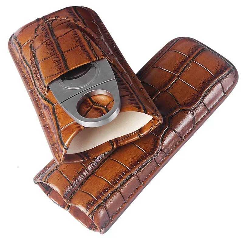 New Portable Leather Cigar Case with Silver Cigar Cutter Mini 2Tube Leather Case for Cigars Suitable As Holiday Gift for Friends Y251008