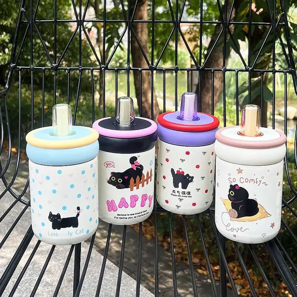 Durable 600ML Thermos Cup Cartoon Cat 316 Stainless Steel Thermal Water Bottle Lid Straw Gift Children Vacuum Cup for Student C251008