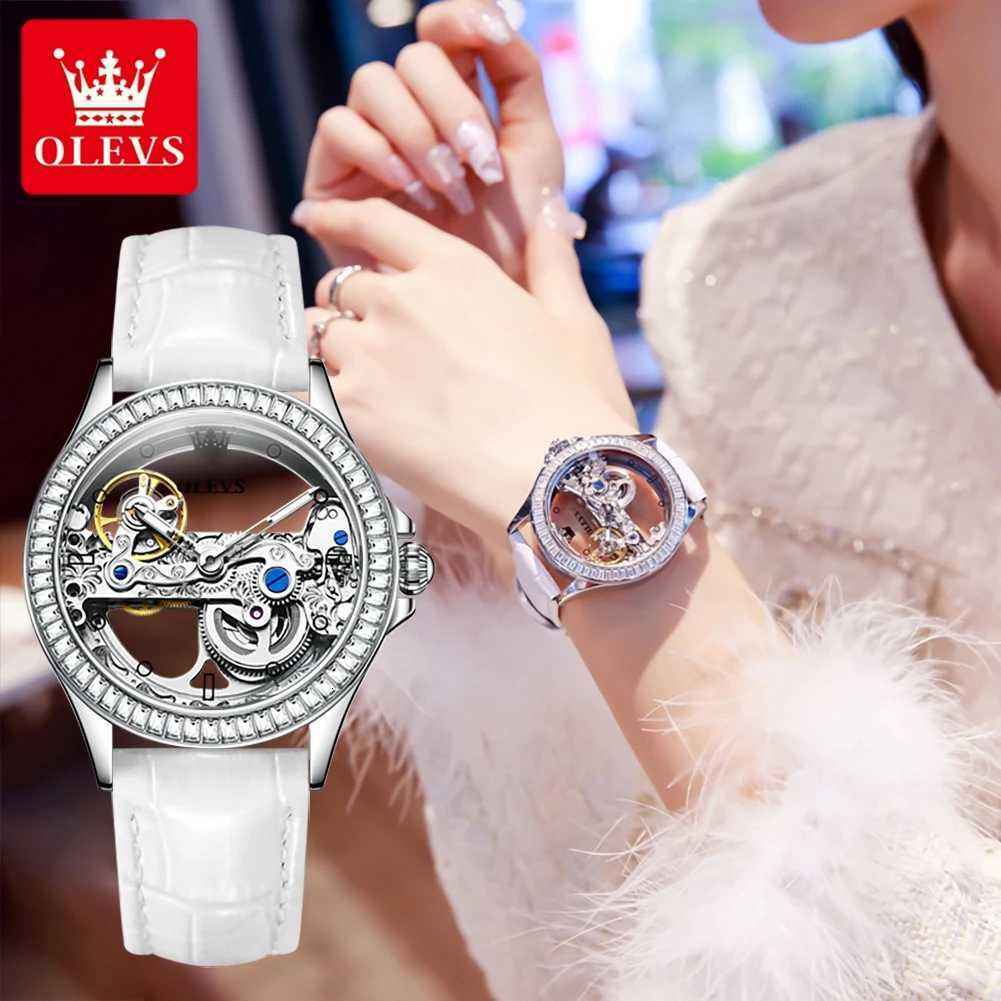 OLEVS Brand New Fashion Skeleton Mechanical Watch for Women Leather Strap Waterproof Transparent Womens Watches Relogio Feminino W250903