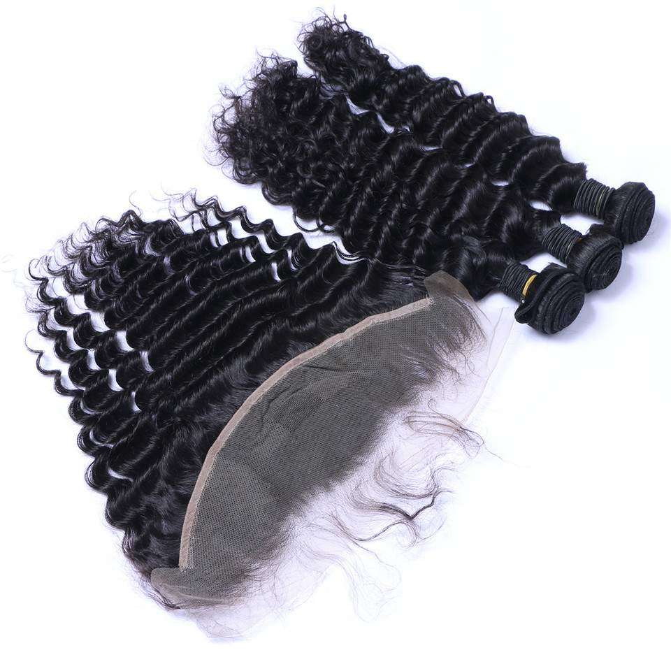 Brazilian Deep Wave Human Hair Weaves 30 32 34 36 38 40 inch 4 Bundles with Closure Double Weft Dyeable Bleachable 100g/pc