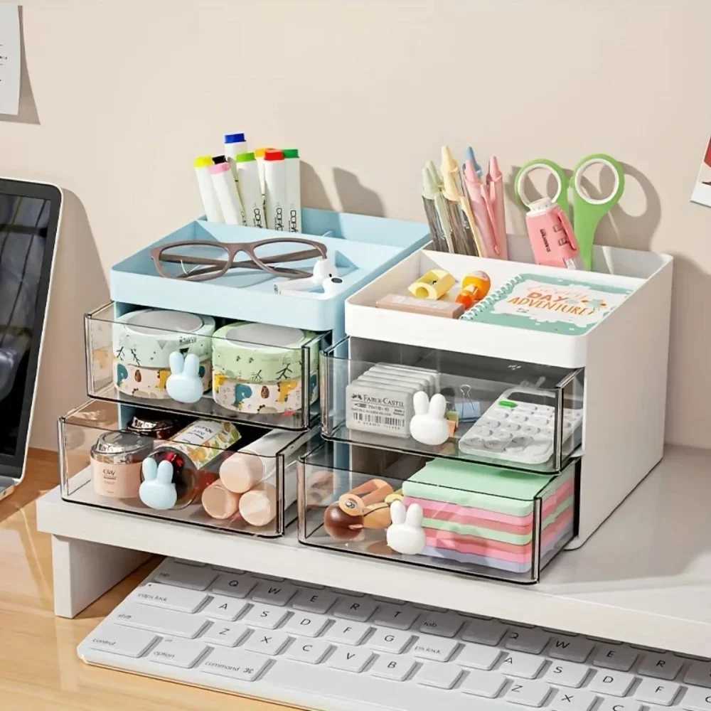 1PC 2layer Cartoon Creative Pen Holder Transparent Drawer Rabbit Storage Box Childrens Girls Student Office Desktop Organizer C251008