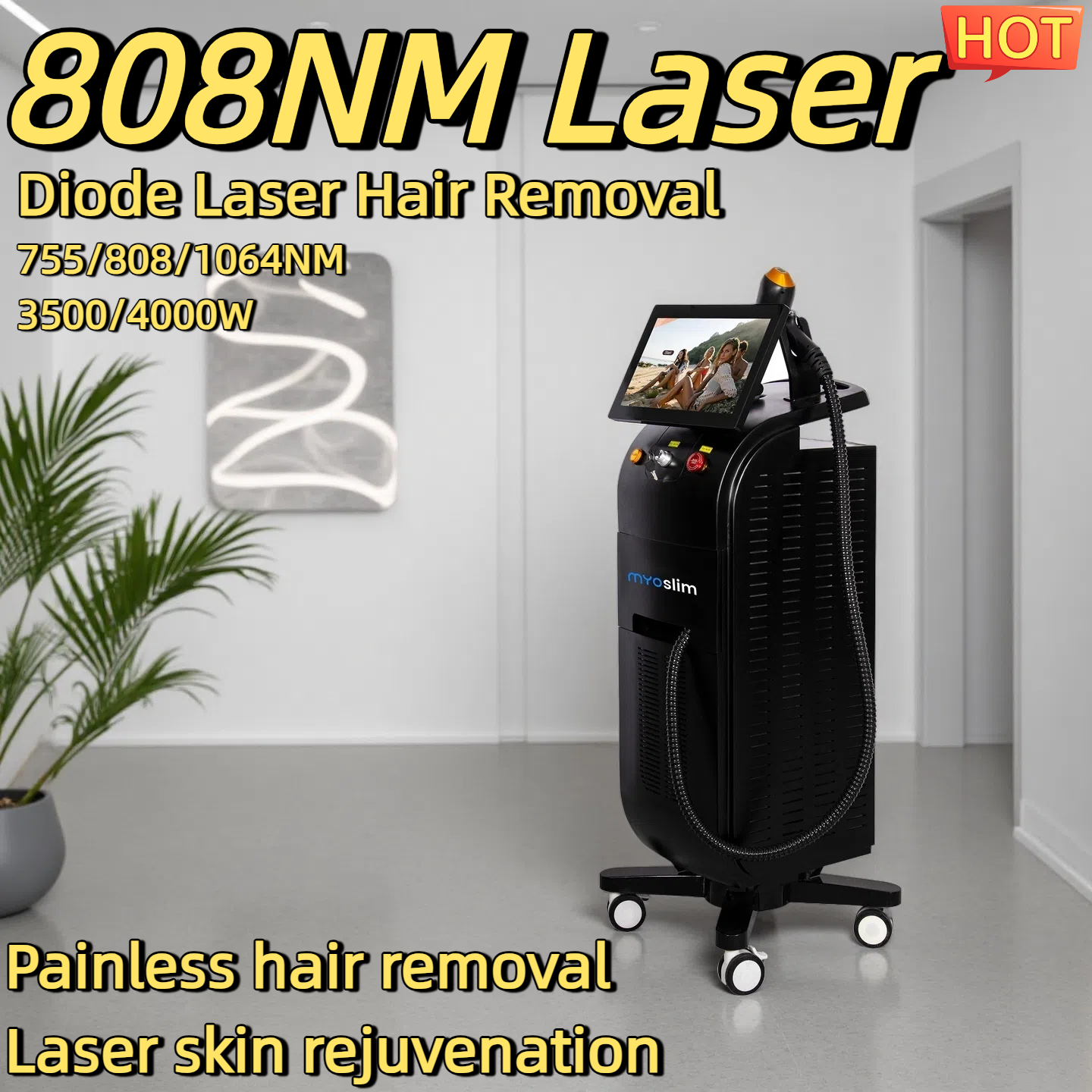 Hot Diode Laser Hair Removal Machines Professional 755nm/808nm/1064nm Painless Permanent Hair Removal Non-invasive Permanent Cooling Head Painless Epi