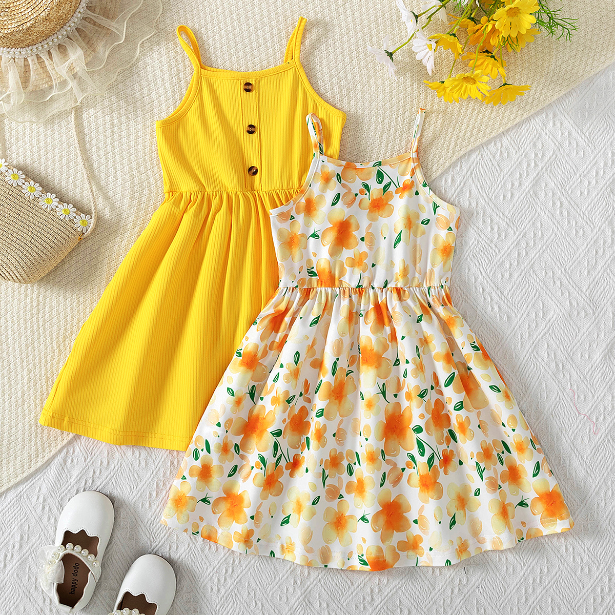 Girls' 2 - Piece Sling Dress Set, Yellow Solid & Floral Print Dresses, Vibrant Summer Outfits for Kids-2587
