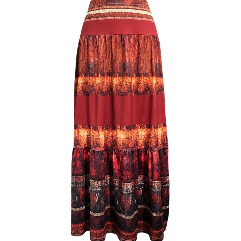 Women's Ethnic Style Flame Print Milk Silk Maxi Skirt Red Layered Ruffle Hem Vacation Skirt with Multi-color Pattern-CF56061
