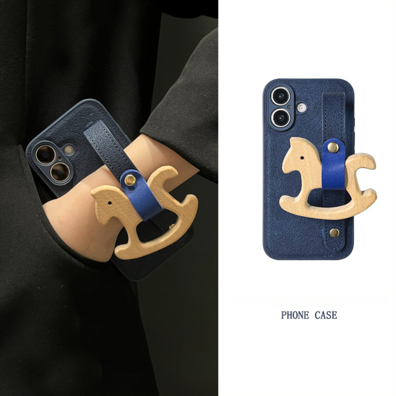 for iPhone 17 Pro Max Case with Wrist Strap Pink Moon Crater Pattern Wooden Horse Design with Adjustable Wristband Kickstand Shockproof TPU Protection