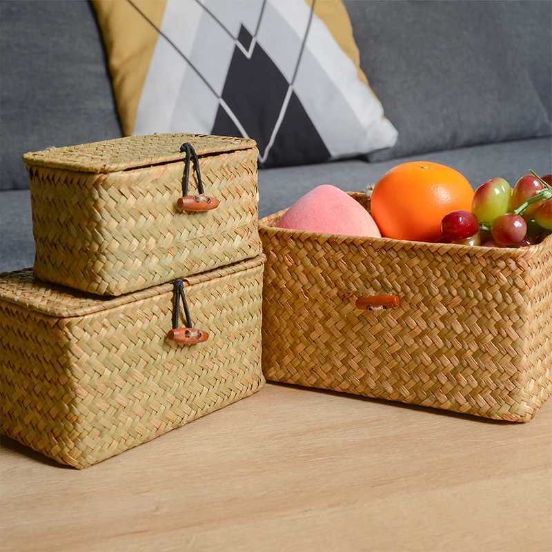 Storage Shelf Basket with Lid Rectangular Handmade Seagrass Rattan Woven Makeup Organizer Multipurpose Container Natural Box for C251008