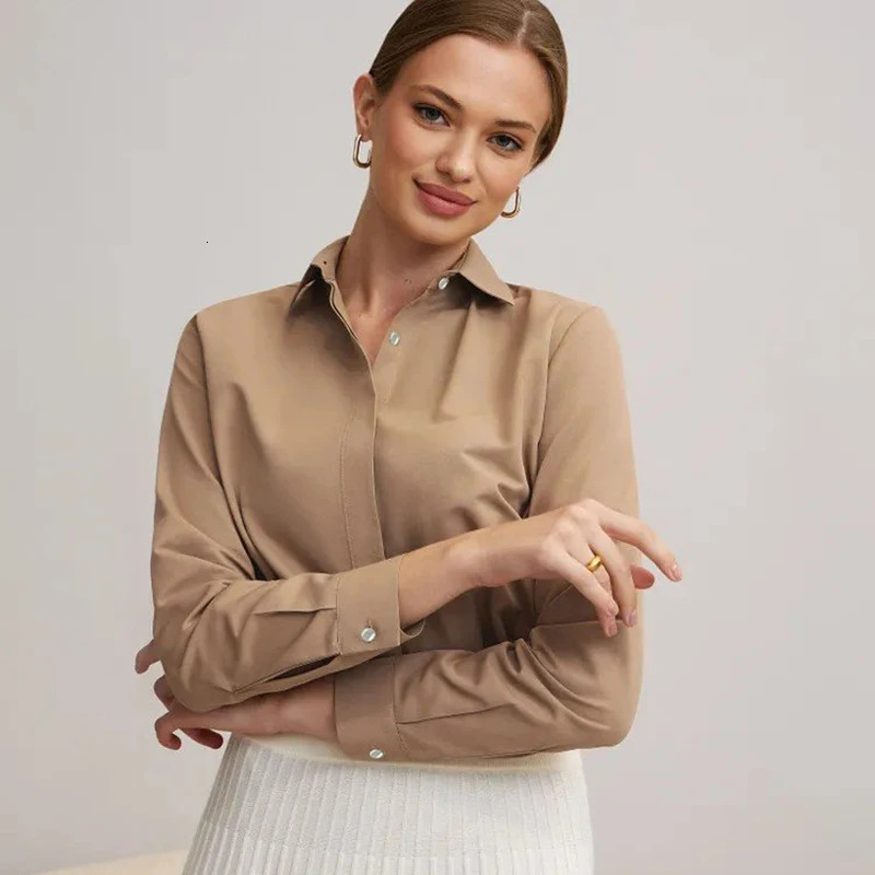 Elegant Turn Down Collar White Shirt Women 2025 Long Sleeve Solid Formal Office Blouse Woman Fashion Conceal Button Up Shirts 250922
