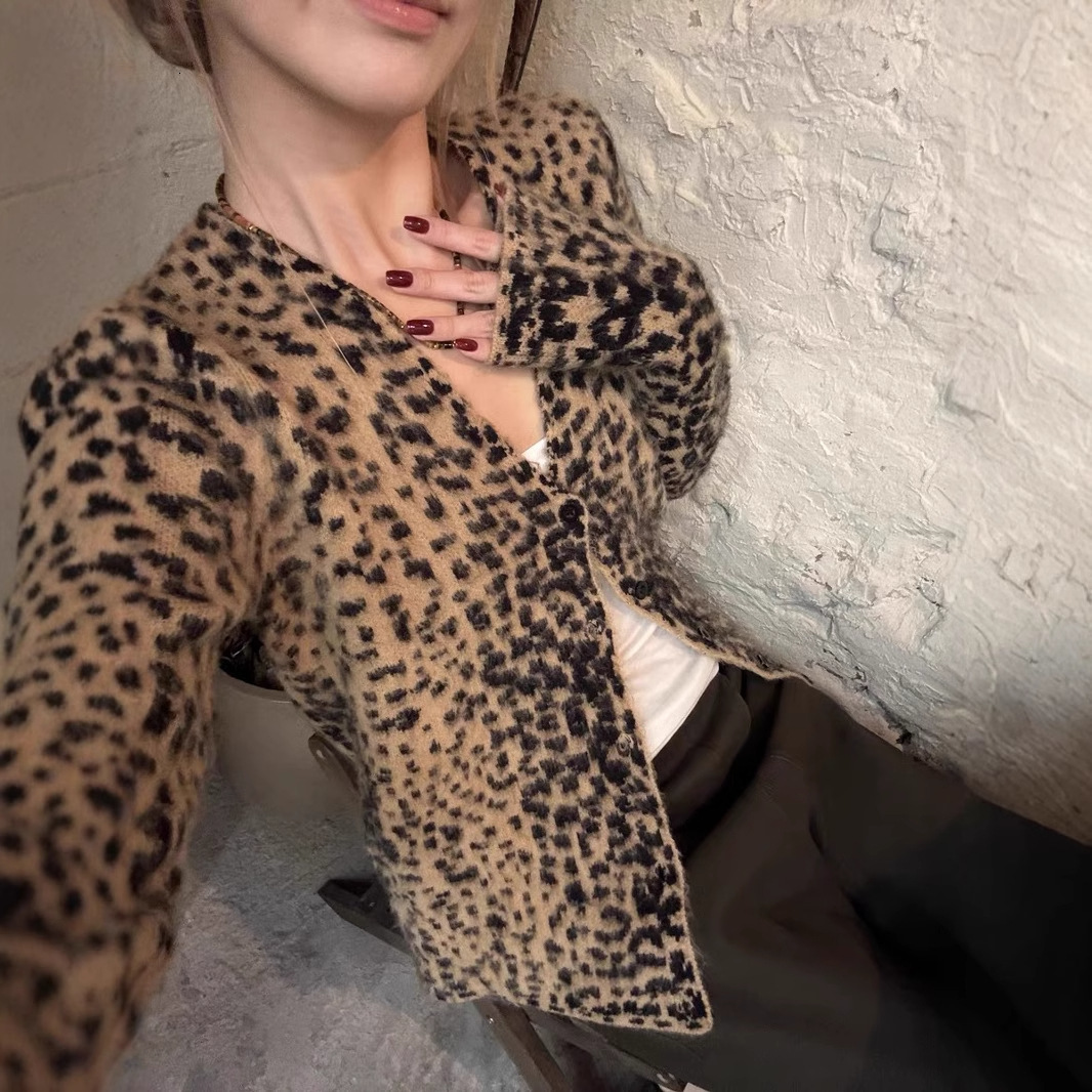 New Versatile American Style Leopard Print VNeck Knitted Cardigan Hot Girl Sweater Coat Soft Fuzzy 4146 240905