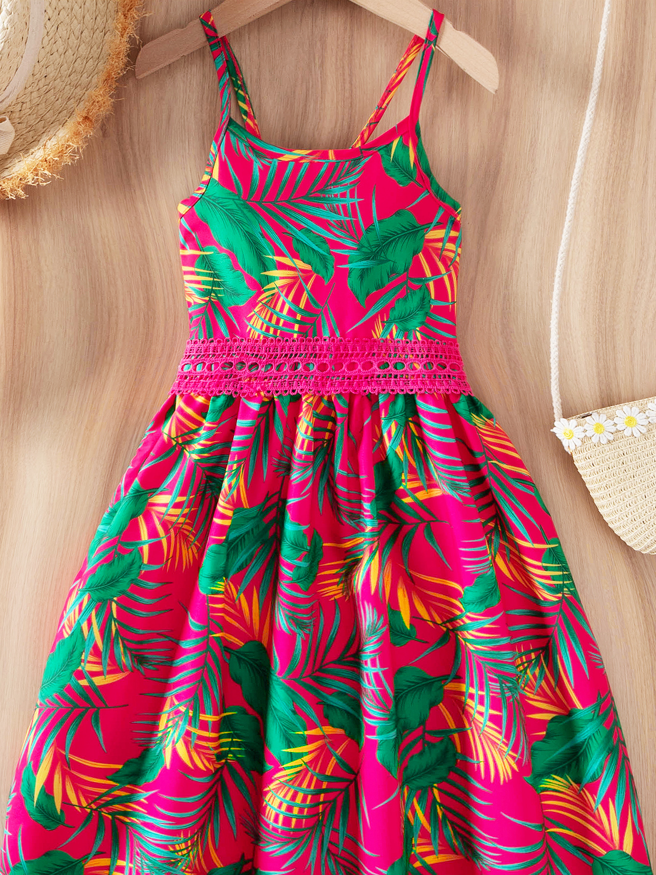 Girls' Tropical Plant Print Sling Dress, Cute Beach Dress for Kids, Summer Casual Outfit-2447