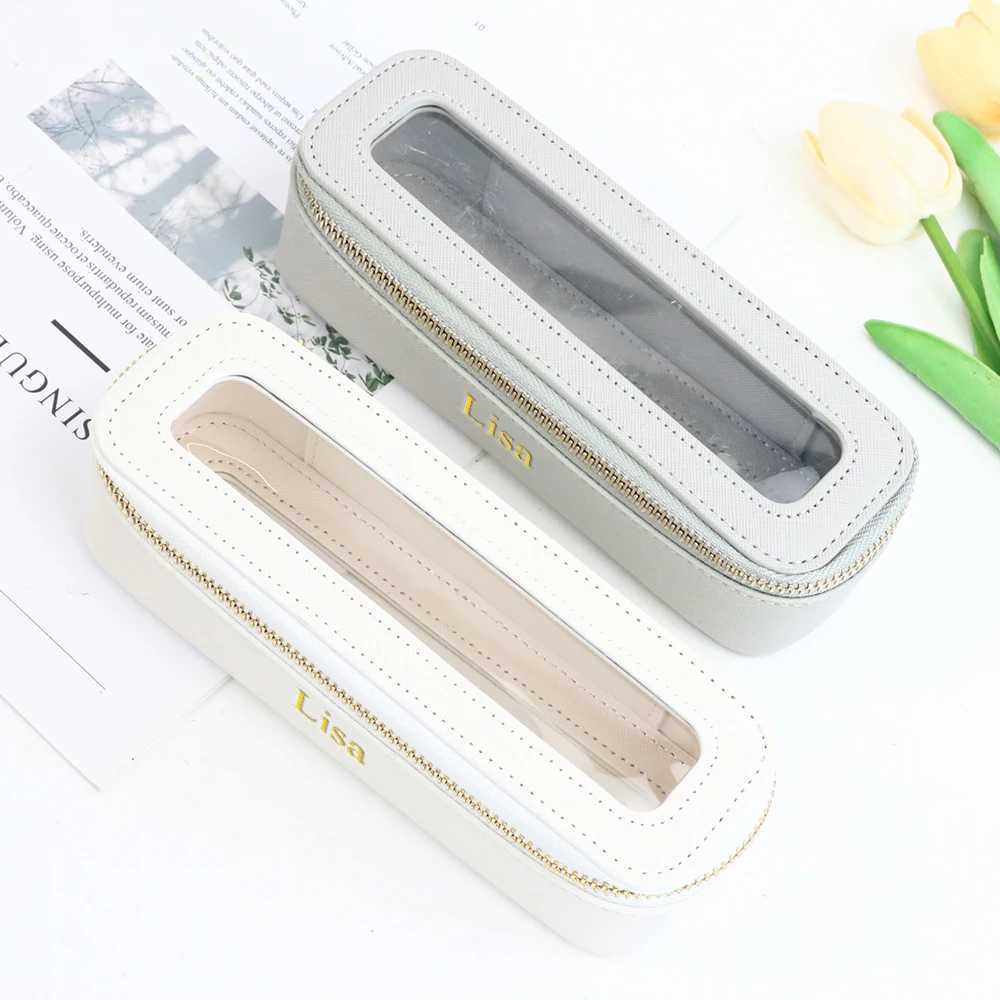 Customized name PU leather womens transparent makeup brush box PVC makeup bag womens toiletries accessories L251007
