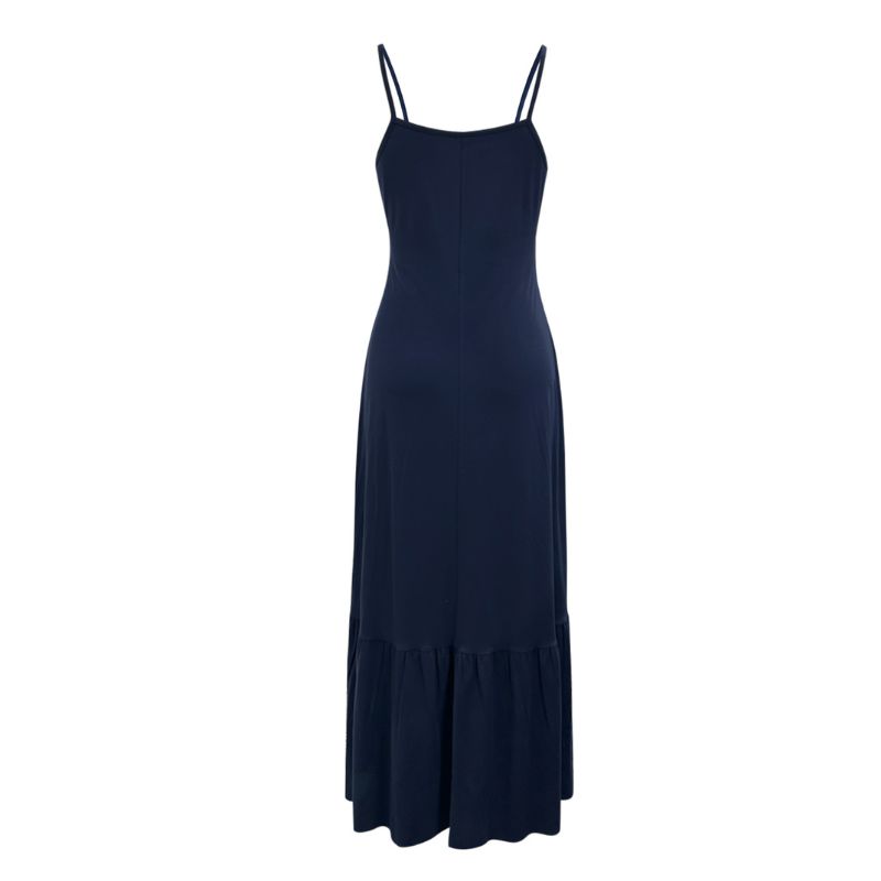 Women's Navy Blue Milk Silk Spaghetti Strap Maxi Dress Square Neck Bodycon Ruffle Hem French Elegant Summer Dress-CF52611