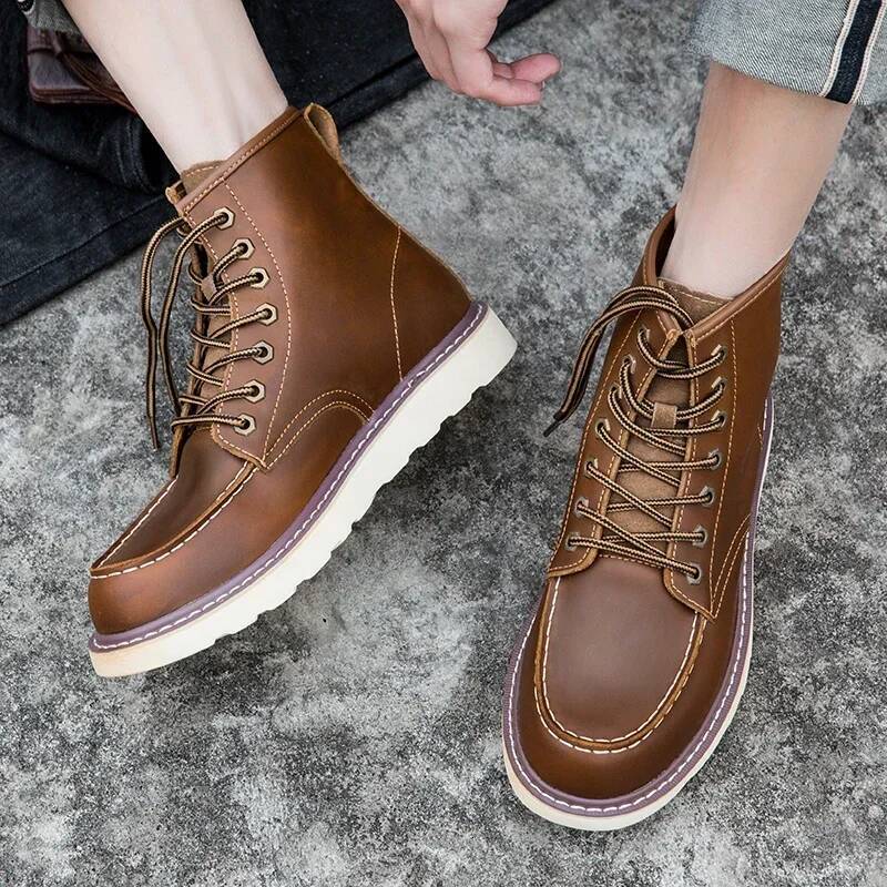 Vintage British Casual Men Shoes Handmade Autumn Winter Snow Plush Warm Ankle Round Toe Motorcycle Boots Cow Leather