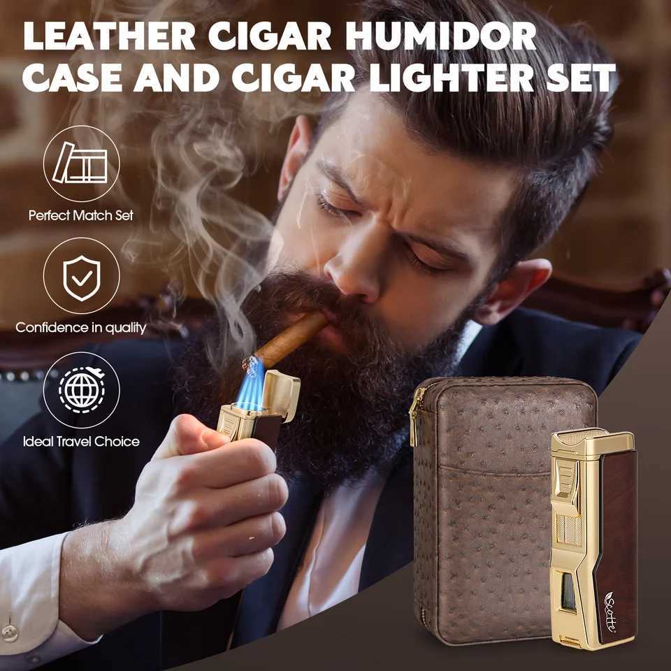Portable Travel Cigar HumidorCedar Wood Lined Leather Case Built in Hygrometer HumidifierCigar Lighter with Holder Punch Y251008