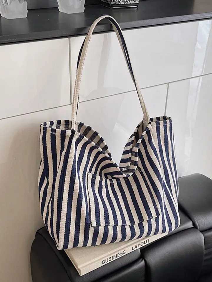 retro chic striped canvas tote bag korean fashion casual spacious shoulder bag for women suitable for travel and vacationT251007