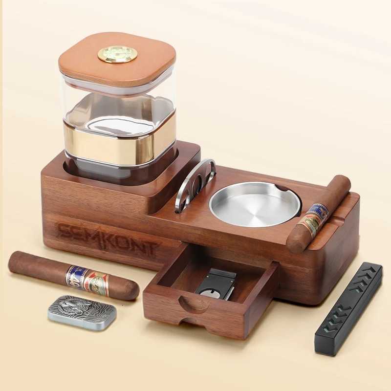 Wooden Cigar Humidor Set Ashtray Cutter Holder Drawer and Cigar Accessories for Home and Office Y251008