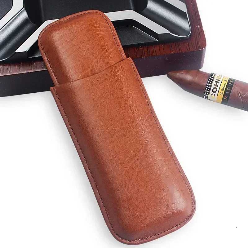 New Portable Leather Cigar Case with Silver Cigar Cutter Mini 2Tube Leather Case for Cigars Suitable As Holiday Gift for Friends Y251008