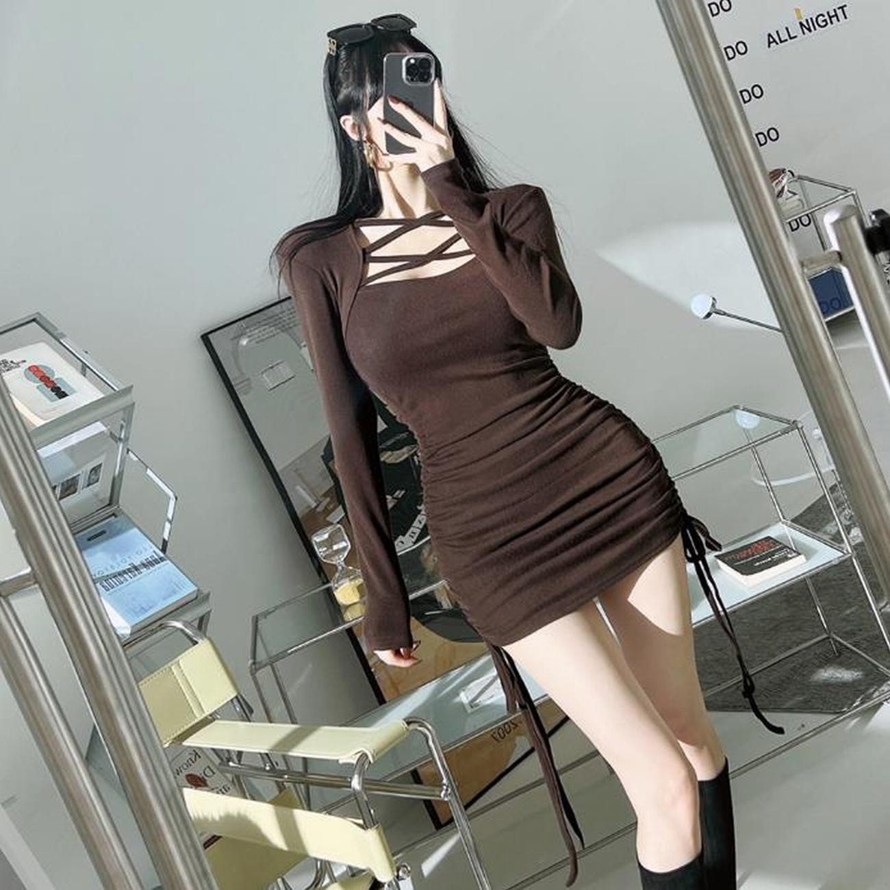 GC113 Autumn/Winter/Spring New Arrival French Slim Fit Square Neck Cross-Strap Dress