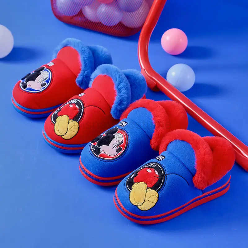 Disney Home Shoes Slipper For Childrens Mickey Mouse Winter Warm Cotton Red Blue Nonslip Indoor Shoes For Kids Size 1518cm H251008