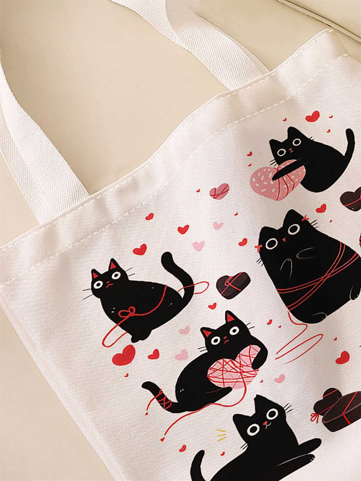 Black cat pattern printed casual handbag reusable fashionable backpack multifunctional handbag canvas shopping bagT251007